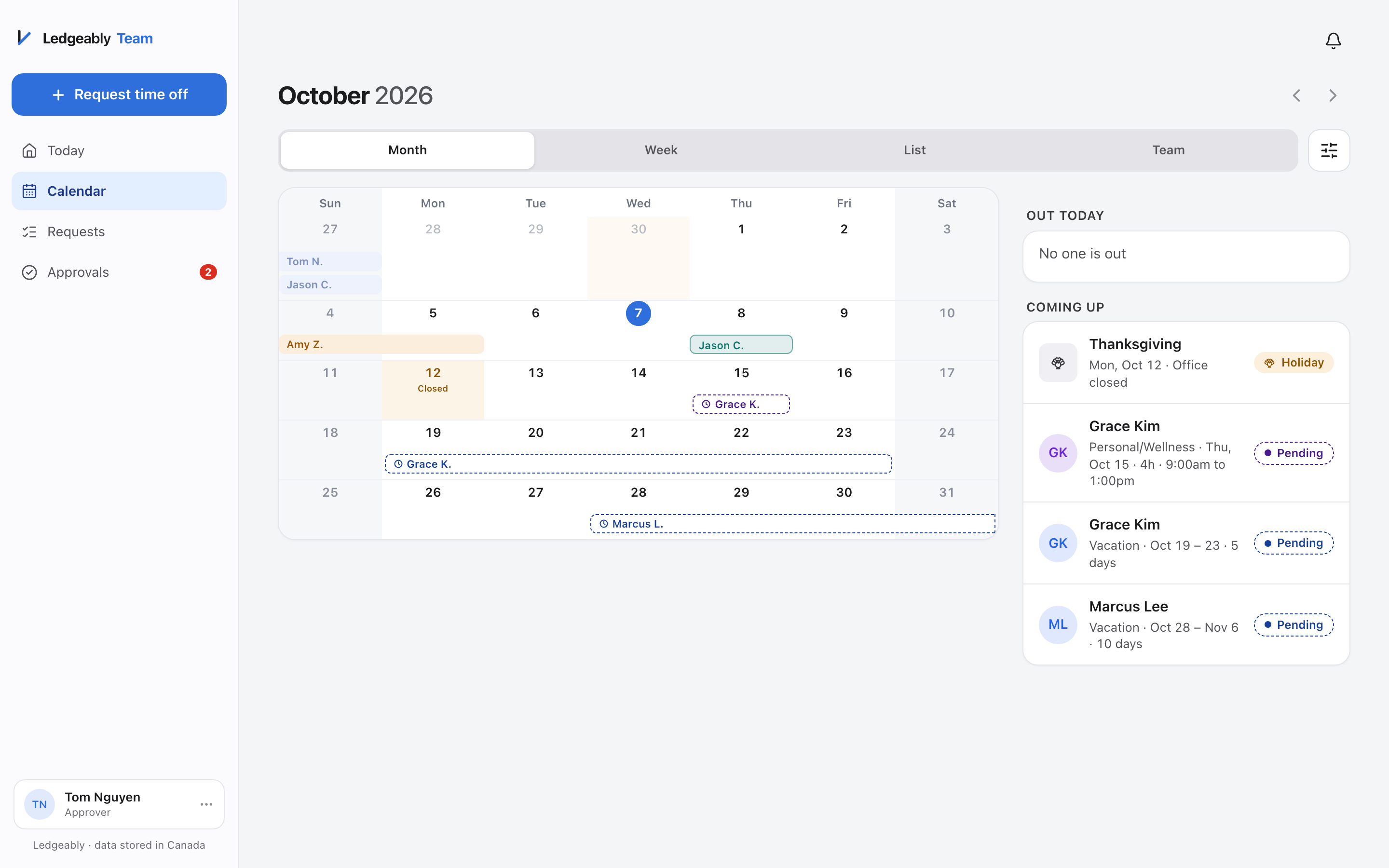 The Ledgeably Team calendar, showing who is away this month