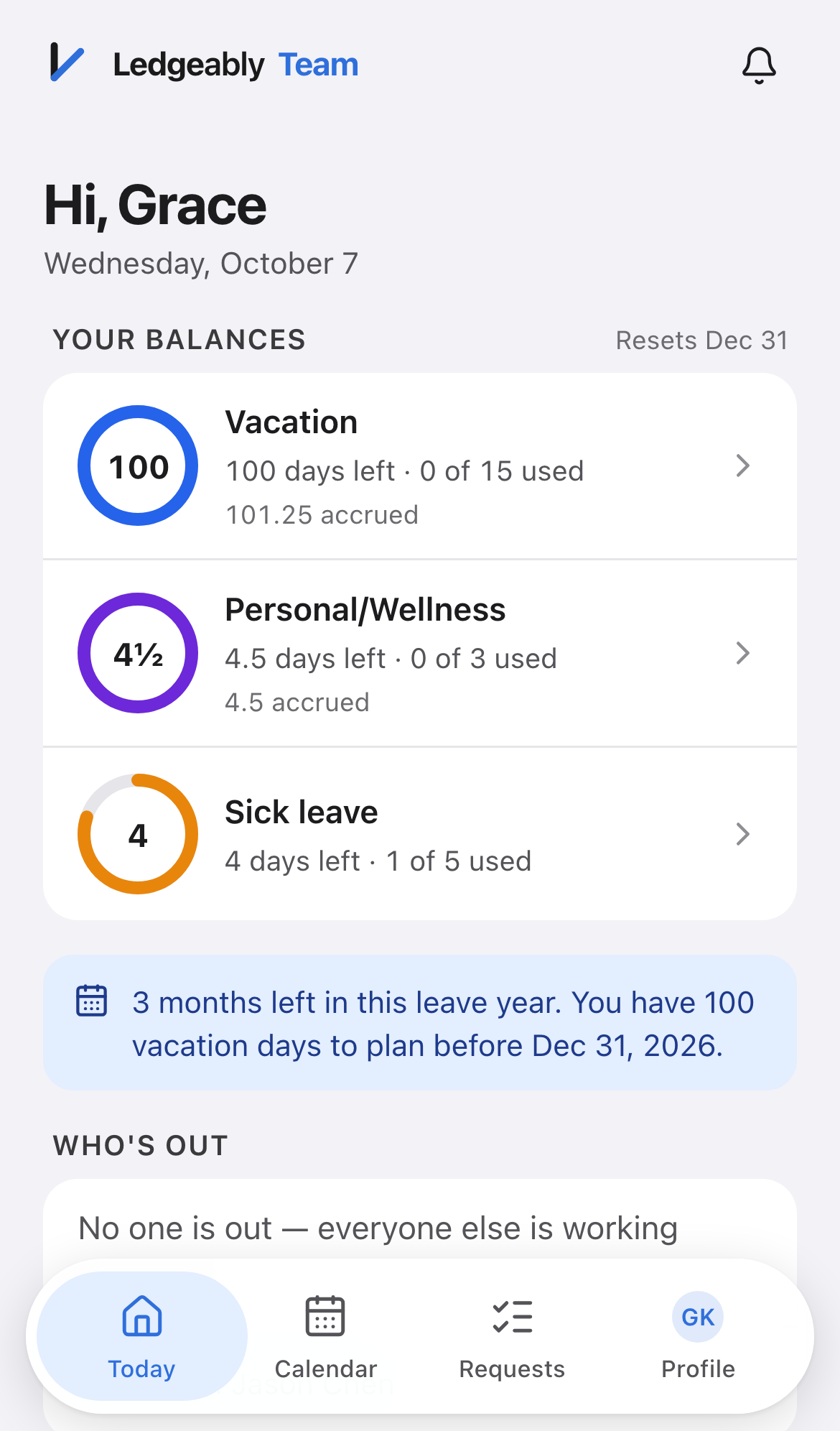 The Today screen on a phone, showing leave balances